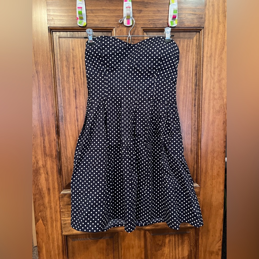 Navy Blue Polka Dot Strapless Dress